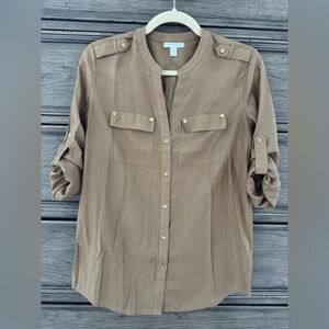Charter Club Utility Blouse EUC Button Down Long Sleeve Tan Metallic Gold